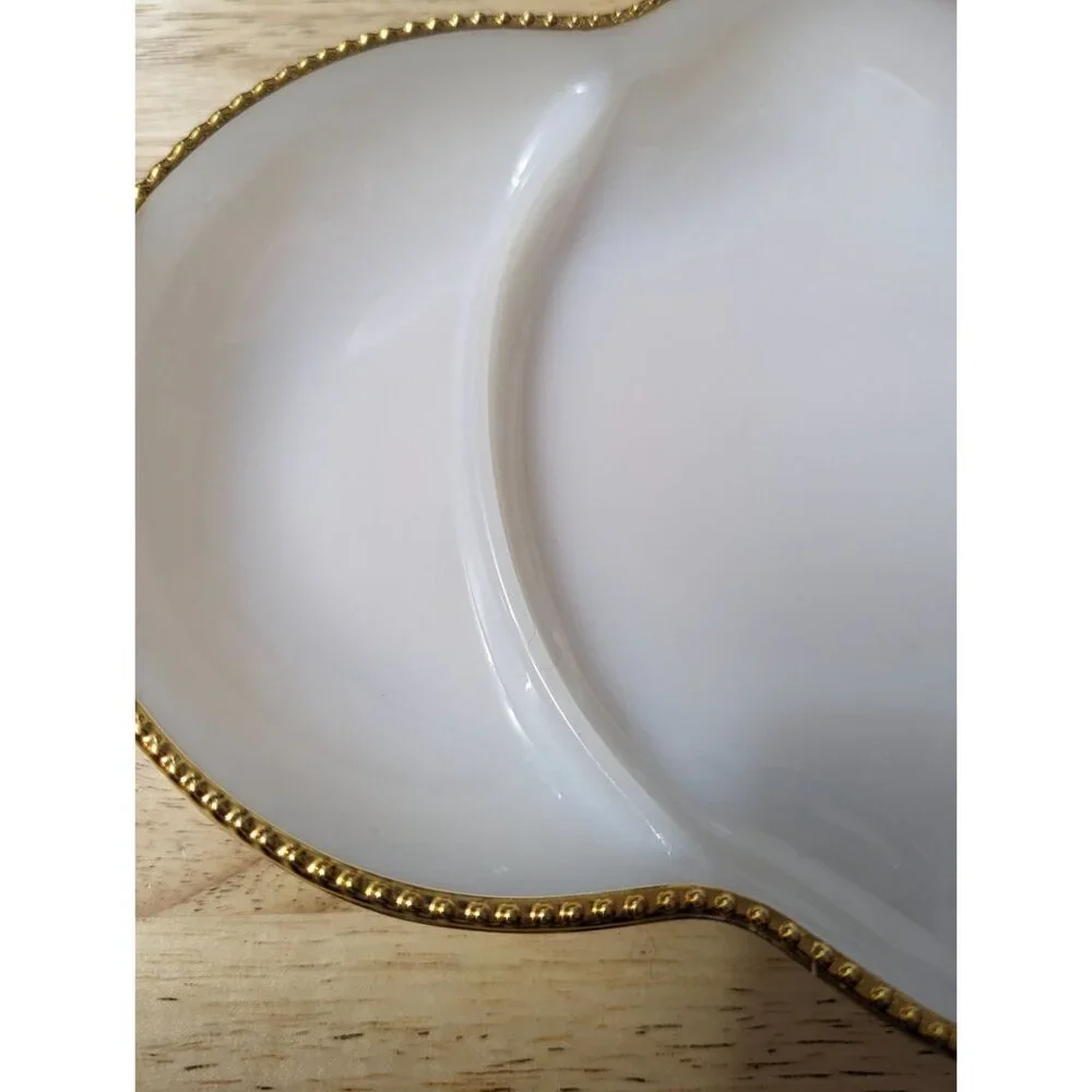 Fire King Milk Glass Divided relish tray gold‎ tone hobnail rim 11x8 inch